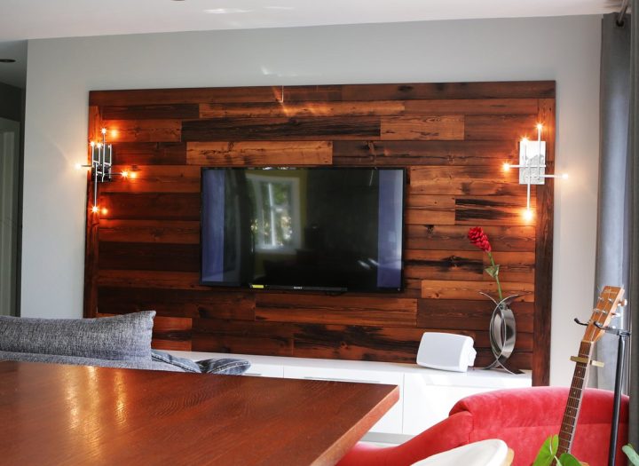 salon mur planche 720x525 - Ideas decorativas para decorar la pared detrás del televisor